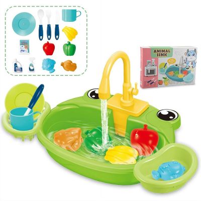BEATIZ Play Sink with Running Water, Frog Kitchen Sink Toys with 180 Rotating Faucet, Vegetables, Fruits, Tableware, Colorful Kitchen Games Accessories, Gifts for Kids