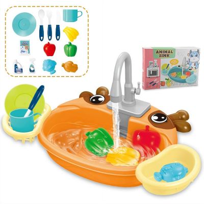 BEATIZ Play Sink with Running Water, Deer Kitchen Sink Toys with 180 Rotating Faucet, Vegetables, Fruits, Tableware, Colorful Kitchen Games Accessories, Gifts for Kids
