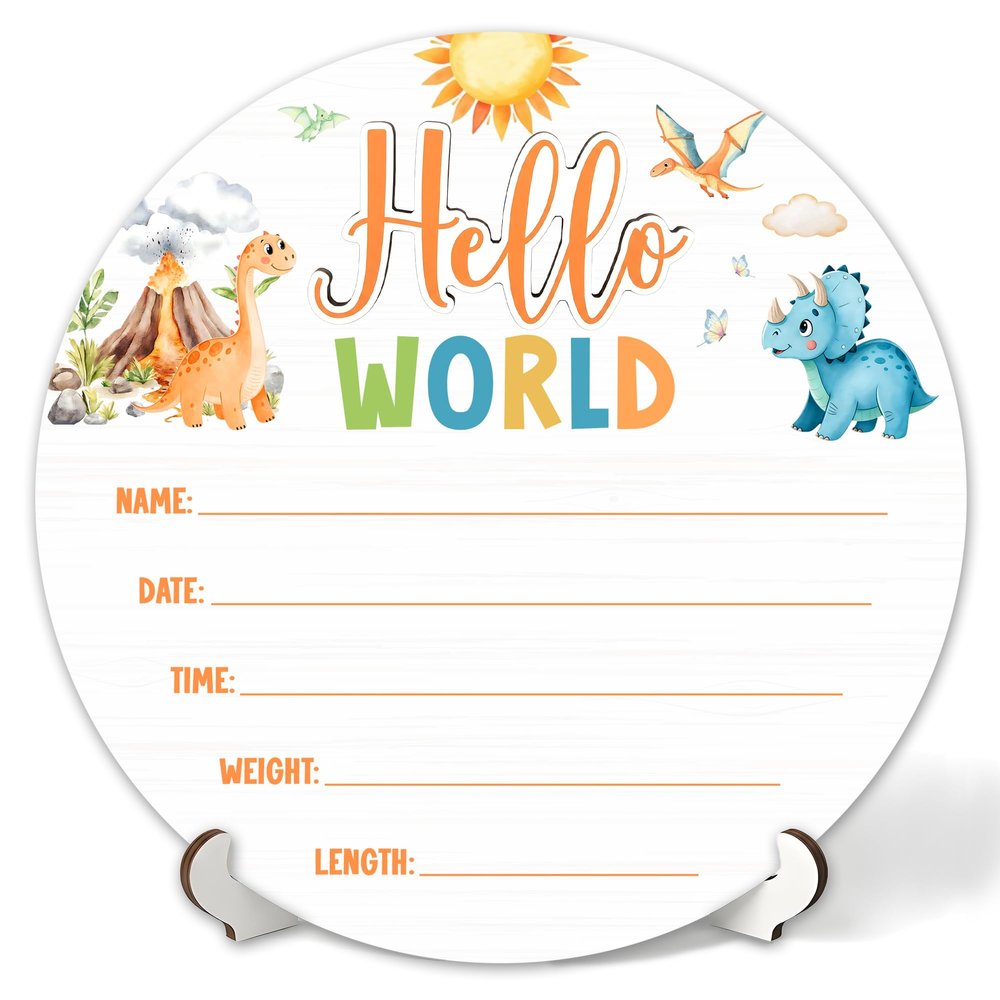 3D Dinosaur Hello World Newborn Sign for Hospital, Dinosaur Baby Announcement Sign for New Baby Boy Girl, Welcome Babies Birth Wooden Signs for Nursery, Neutral Newborn Photography Props-A06