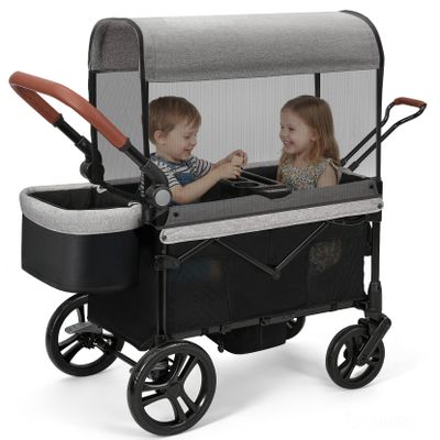 ELEMARA All-Terrain Wagon Stroller for 2 Kids, Foldable Wagon Stroller Includes Removable Canopy,Mosquito net, Adjustable PushPull Handle,Snack Tray & Cup Holders, Storage Basket, Black+Grey