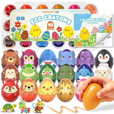 Shuttle Art Egg Crayons for Toddlers 1-3, 18 Colors Palm-Grasp Jumbo Crayons with Coloring Book, Washable & Mess-Free Art Supplies & Gifts for Boys and Girls
