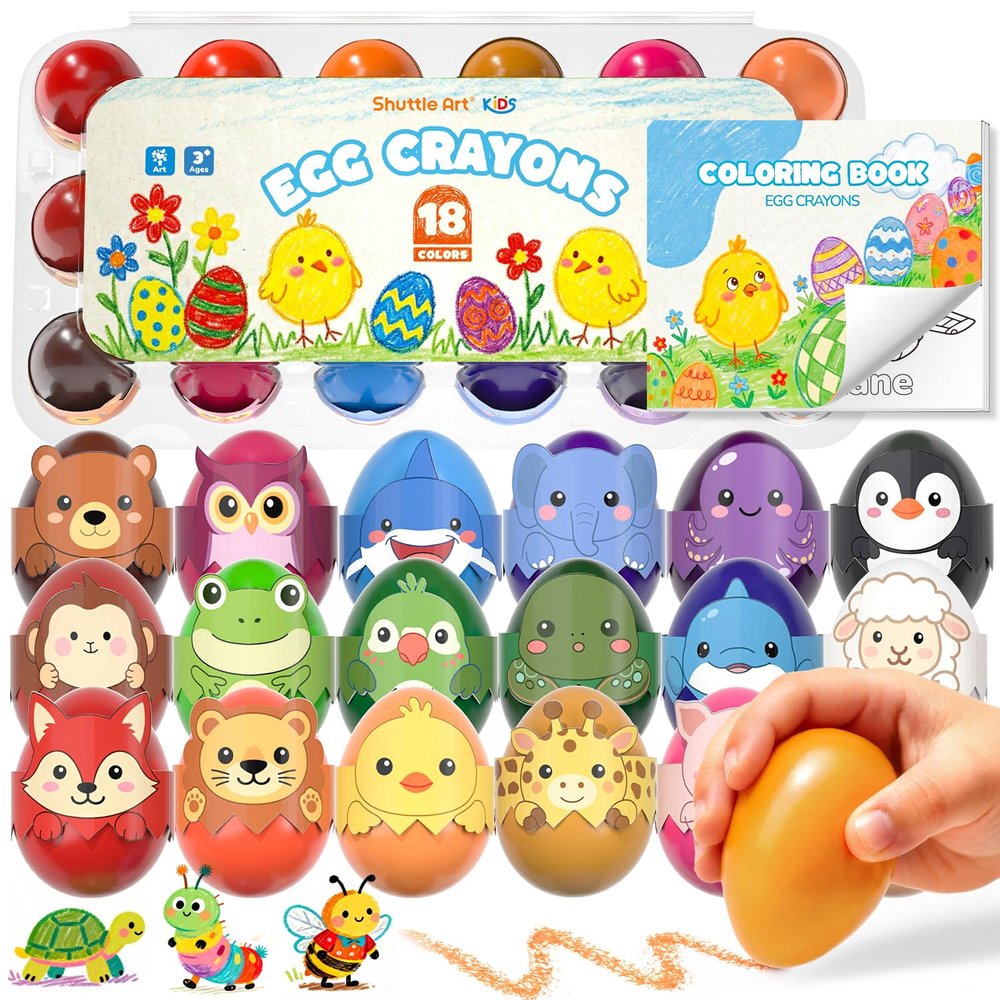 Shuttle Art Egg Crayons for Toddlers 1-3, 18 Colors Palm-Grasp Jumbo Crayons with Coloring Book, Washable & Mess-Free Art Supplies & Gifts for Boys and Girls