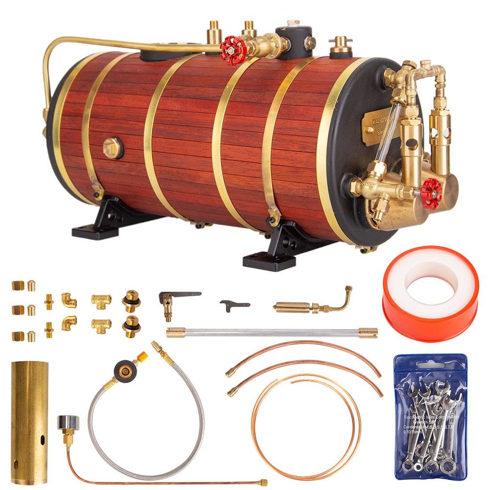 Steam Boiler Model Kit, WS100XL 1000mL Horizontal Copper Double Combustion Tube Steam Boiler with Dual Safety Valve for Single/Double/Triple-Cylinder Steam Engines & 1.0-1.5m Model Ships