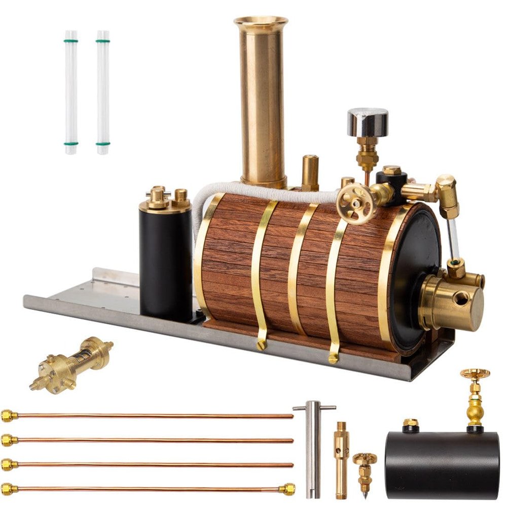 Steam Boiler Model Kit, 200ml Brass Butane Gas Fired Steam Boiler with Pressure Gauge, Water Level Gauge & Automatic Regulator for Single/Double/Triple-Cylinder Steam Engines & Model Ships