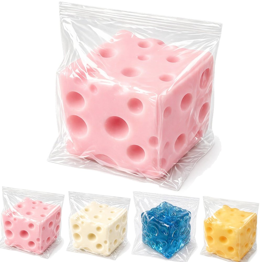 2026 New Cheese Squishy Block-Pink Yellow White Blue Big Squishy Cheese, Giant Blue Sugar Squishes Slow Rising Soft Novelty Fidget Toy with Storage Bag for Adult (Pink, Small)
