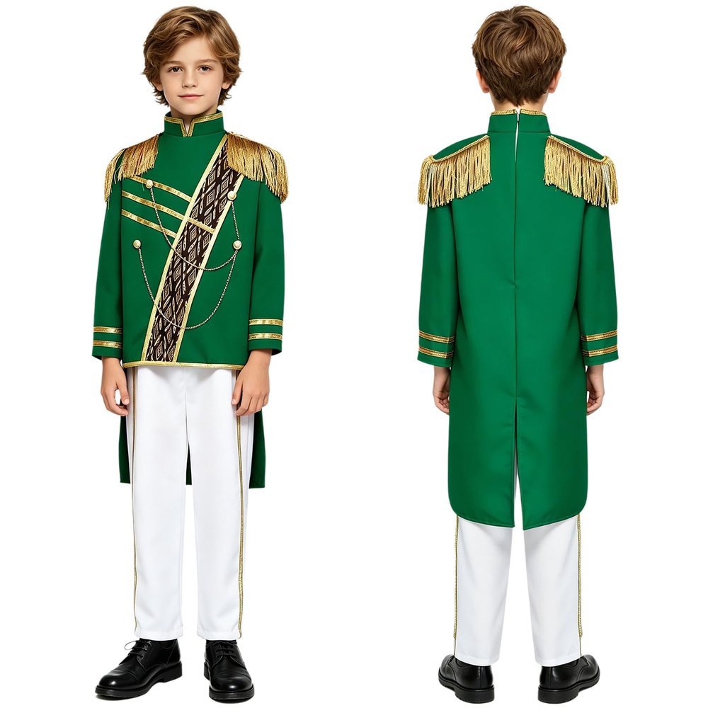 Raenseen Boys Marching Band Uniform Royal Prince Outfit Cosplay Swallow-tailed Coat Halloween Costuem for Prom Green 11-14 Years