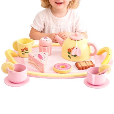 Pastel Wood Set, Pretend Play Tea, 11x9 Inches Kit with Carrying Tray, Natural Beechwood Teapot, Classic Toy with Style, Preschool Gift for Birthday & Parties