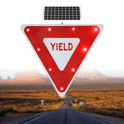 24" Solar LED Flashing Yield Sign - Red Aluminum Inverted Triangle Road Sign for Crosswalks & Driveways - Traffic Safety Blinking Light (1 Pc)