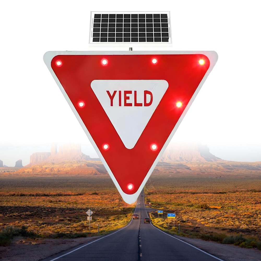 24" Solar LED Flashing Yield Sign - Red Aluminum Inverted Triangle Road Sign for Crosswalks & Driveways - Traffic Safety Blinking Light (1 Pc)