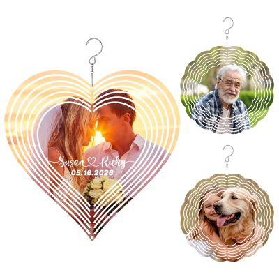 10" Custom 3D Wind Spinner Personalized Memorial Metal Wind Spinners with Photo Double Sided Printing Hanging Ornament for Indoor Outdoor Garden Decoration Gift for Family Wedding Christmas (Heart)