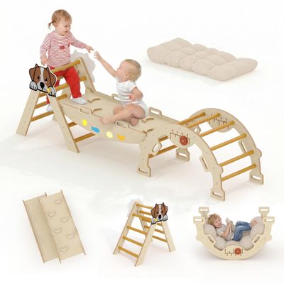 Kids Foldable Triangle Set with Cushion, 7 in 1 Wooden Toddler Climbing Toys Indoor, Kids Jungle Gym Play Structure with Reversible Slide Ramp & Rocking Arch, Baby Climber for Toddlers-Puppy, Natural