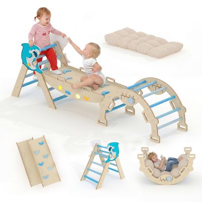 Kids Foldable Triangle Set with Cushion, 7 in 1 Wooden Toddler Climbing Toys Indoor, Kids Jungle Gym Play Structure with Reversible Slide Ramp & Rocking Arch, Baby Climber for Toddlers-Dolphin, Blue