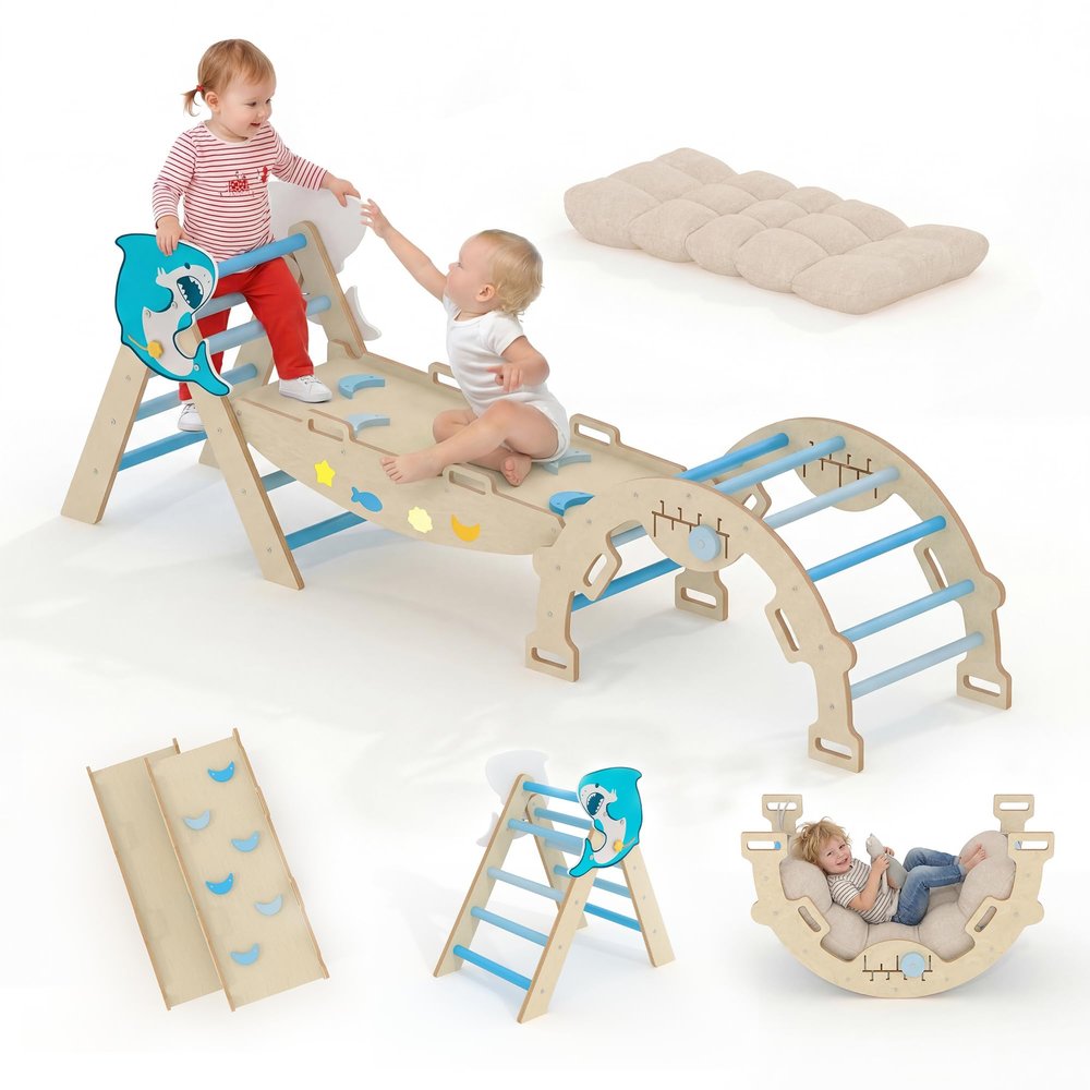 Kids Foldable Triangle Set with Cushion, 7 in 1 Wooden Toddler Climbing Toys Indoor, Kids Jungle Gym Play Structure with Reversible Slide Ramp & Rocking Arch, Baby Climber for Toddlers-Dolphin, Blue