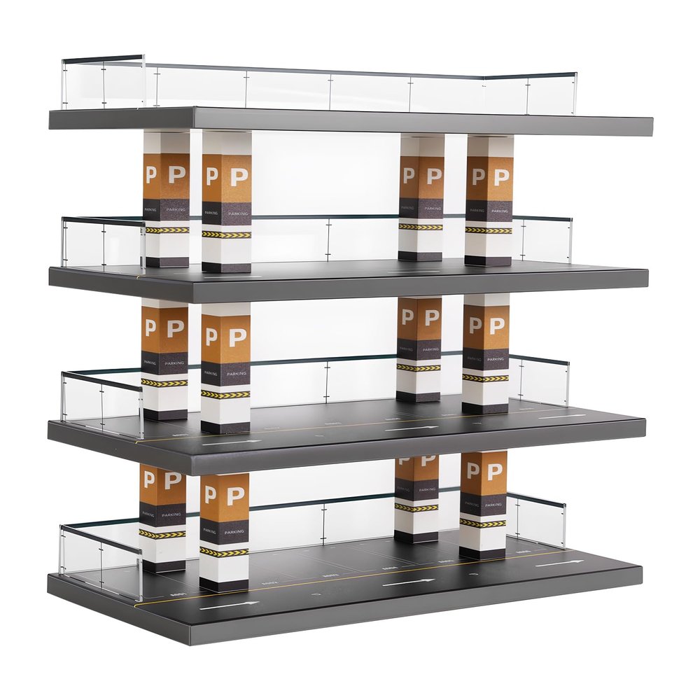 1:64 Scale 4-Tier Diorama Parking Lot Model, Modern Garage Car Model Display Stand with Acrylic, Solid Wood, for Toy Cars, Toys Car Garage