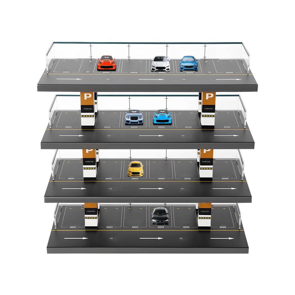 1:64 Parking Garage for Toy Cars, 4-Tier Model Car Display Case with Parking Lot Scene for Toy Cars Clear Collector Showcase with Realistic Details