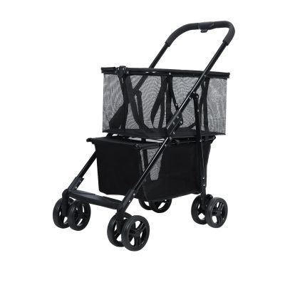 HEVIRGO Folding Shopping Cart Pet Stroller & Grocery Cart with 360 Rotatable Wheels, Visible Mesh, Shockproof Tires, Rear Wheel Dual Brake, Double Layer Collapsible Mobile Carts Black
