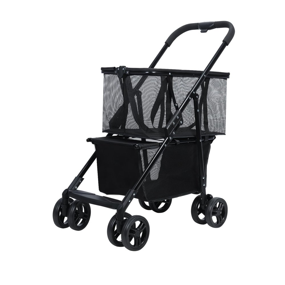 HEVIRGO Folding Shopping Cart Pet Stroller & Grocery Cart with 360 Rotatable Wheels, Visible Mesh, Shockproof Tires, Rear Wheel Dual Brake, Double Layer Collapsible Mobile Carts Black