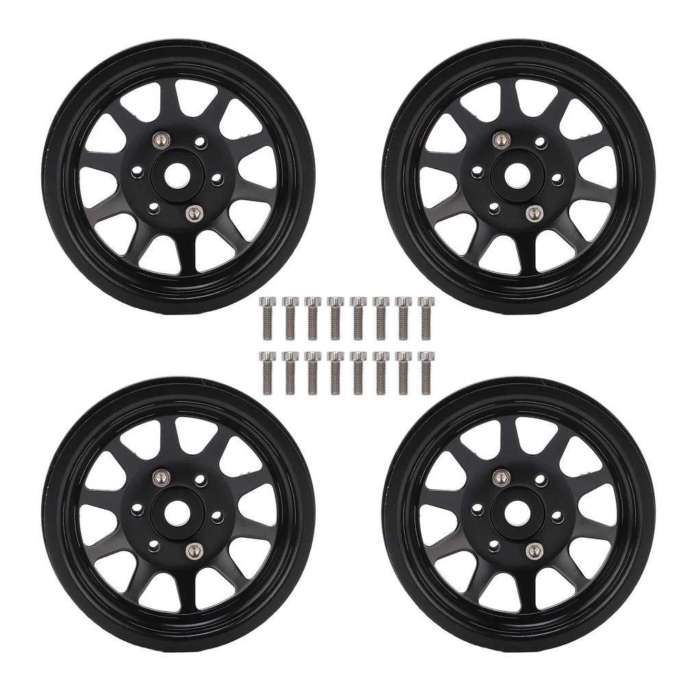 4Pcs Metal 1.9 Inch Wheel Rims for 1:10 RC Crawler, Durable Iron RC Car Wheel Hubs with 10 - Spoke Design, Compatible with Axial SCX10 90046 D90 HSP (Black)