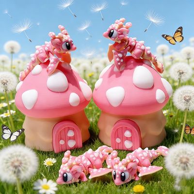 3D Printing Cute Nerd Mushroom House + Mushroom Dragon Model Plastic Ornaments Table Top Decoration Sculpture Ornaments Festival Gifts