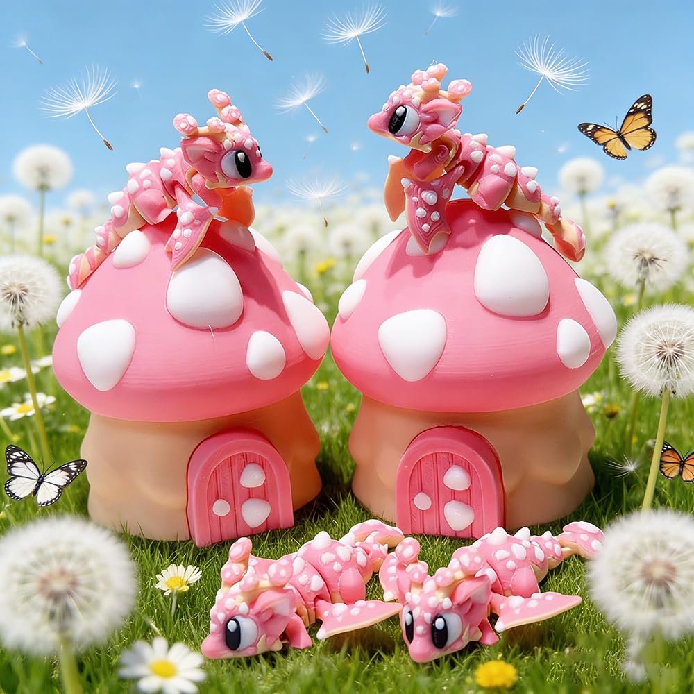 3D Printing Cute Nerd Mushroom House + Mushroom Dragon Model Plastic Ornaments Table Top Decoration Sculpture Ornaments Festival Gifts