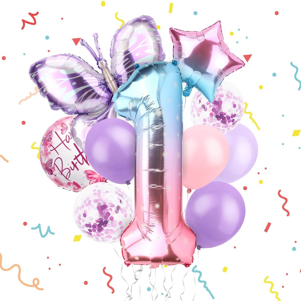 Hotalisona Birthday Happy Birthday Balloon Decorations Purple Pink Butterfly Number 1 Foil Star 1st First 31inch Happy Birthday Balloon Party Decorations