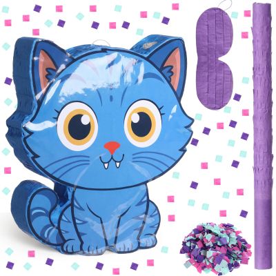 Sosation Cat Piata 16 Inch Blue Cat Shaped Piata with Blindfold Bat for Purple Birthday Kpop Party Decoration Friendship Fans Favor Decoration Wedding