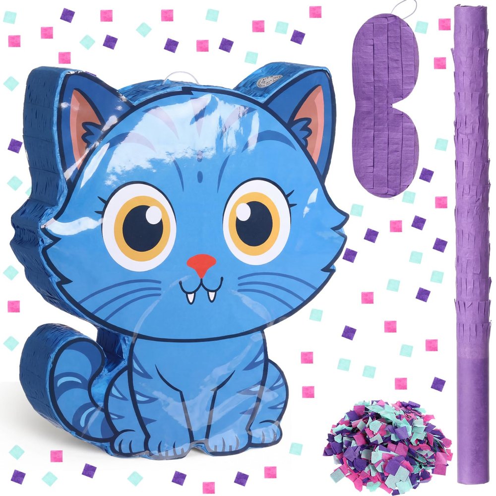 Sosation Cat Piata 16 Inch Blue Cat Shaped Piata with Blindfold Bat for Purple Birthday Kpop Party Decoration Friendship Fans Favor Decoration Wedding