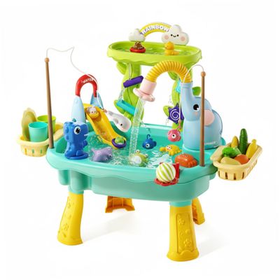 Bemonew Kids Play Sink, Toddler Toy Sink with Running Water Electric Recirculating Water Table for Toddlers 1-3 with Volcano Spray, Fishing & Slide Games (Blue)