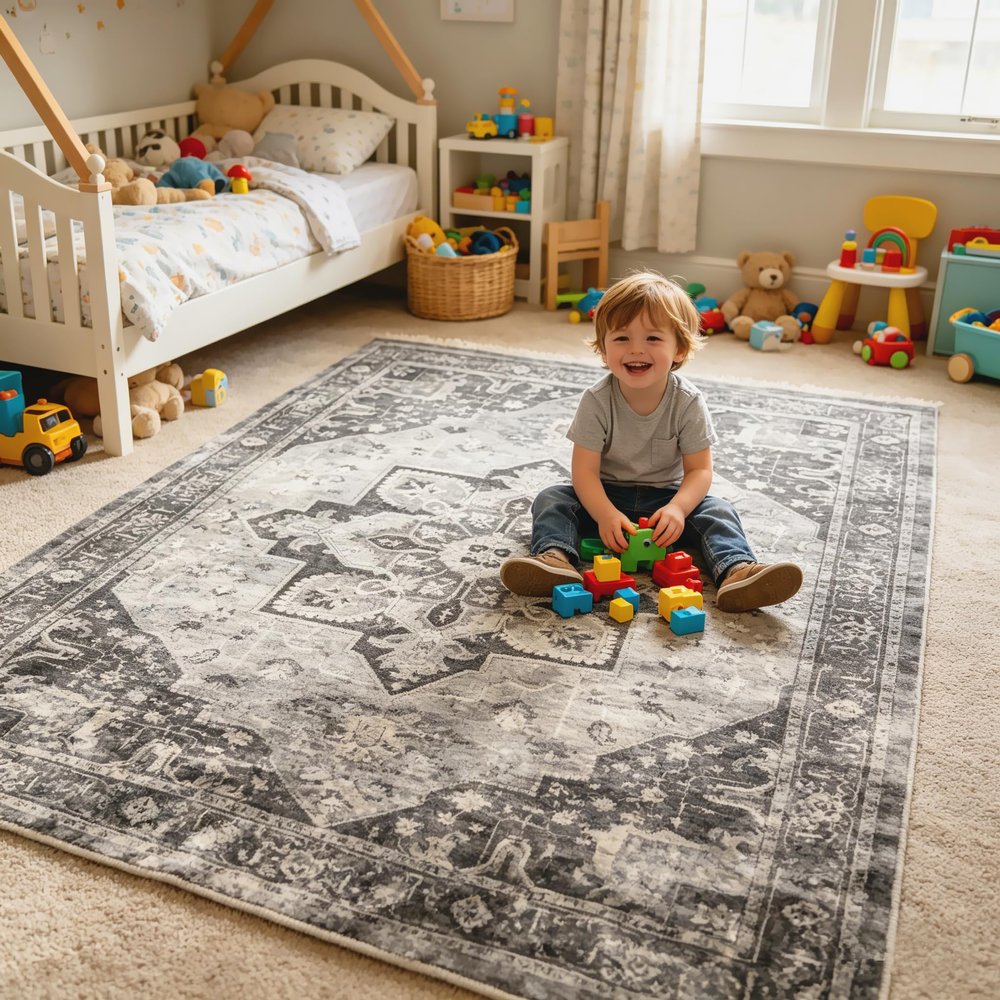 UKELER Nursery Area Rugs 4x6, Machine Washable Foldable Boho Area Carpet, Non Slip Durable Low Profile Accent Rug for Kids Playroom Bedroom Living Room Dinning Room Dorm Office Farmhouse, Dark Grey