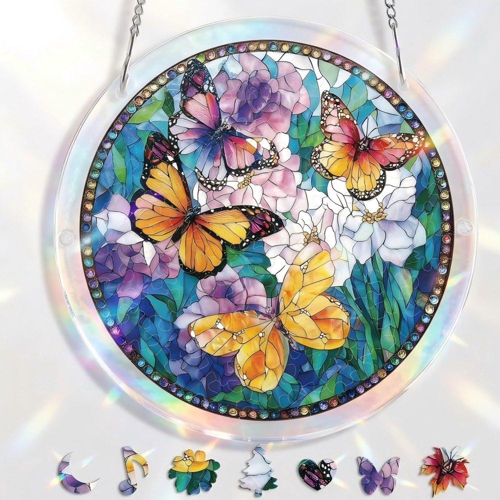 Acrylic Puzzle Suncatcher Window Hanging 8.9 Inch Sun Catcher Puzzle Kit Garden Decoration (Butterflies in Bloom, 8.9 in)