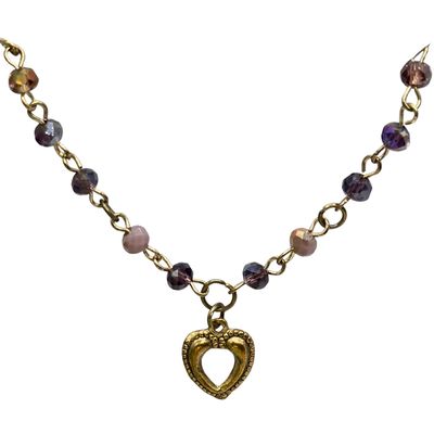 Multi Tone Purple Glass Crystal Bead Gold Heart Charm Doll Necklace