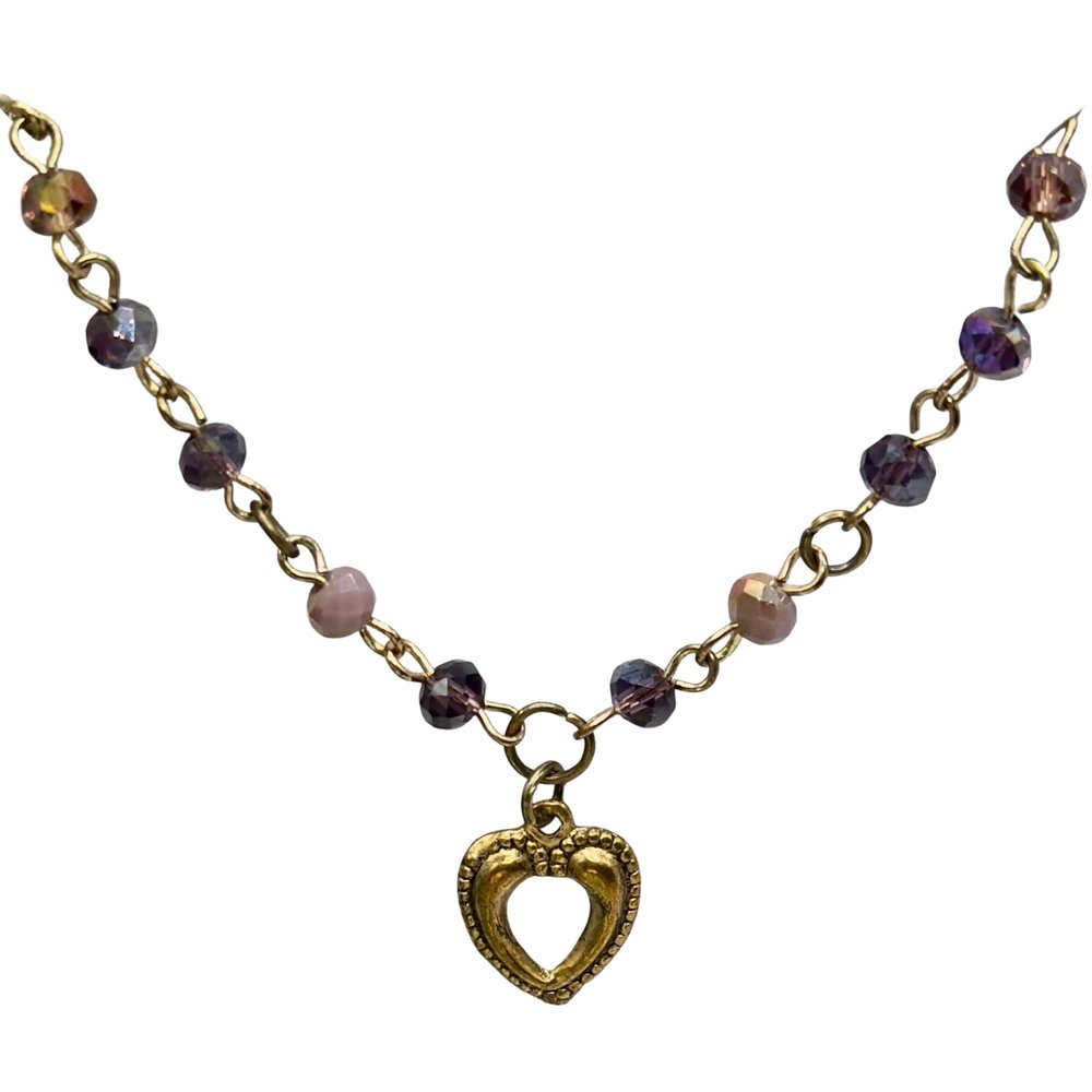 Multi Tone Purple Glass Crystal Bead Gold Heart Charm Doll Necklace