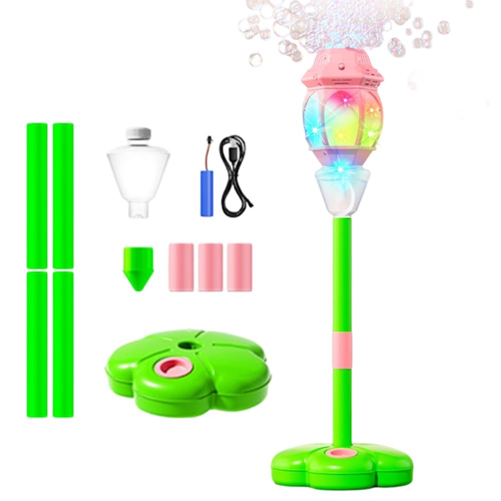 Upgrade Bubble Machine Street lamp, Rechargeable Automatic Standing Bubble Maker with Light Music, 3-Level Adjustable Heights for Outdoor Garden, Patio, Wedding, Party and Event Decor (Pink)