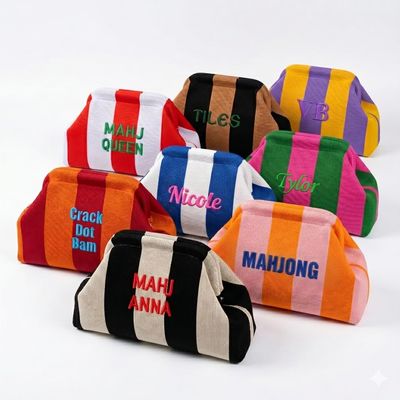 Personalized Striped Knit Mahjong Bag, Custom Embroidered Cosmetic Makeup Case with Name, Large Travel Toiletry Organizer for Women, Portable Storage Bag for 166 Standard American Mahjong Tiles