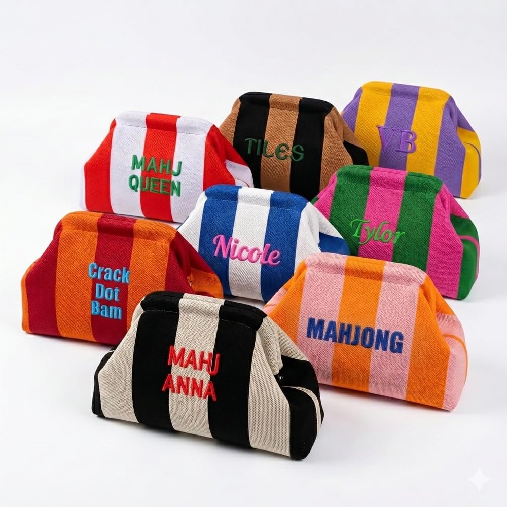 Personalized Striped Knit Mahjong Bag, Custom Embroidered Cosmetic Makeup Case with Name, Large Travel Toiletry Organizer for Women, Portable Storage Bag for 166 Standard American Mahjong Tiles