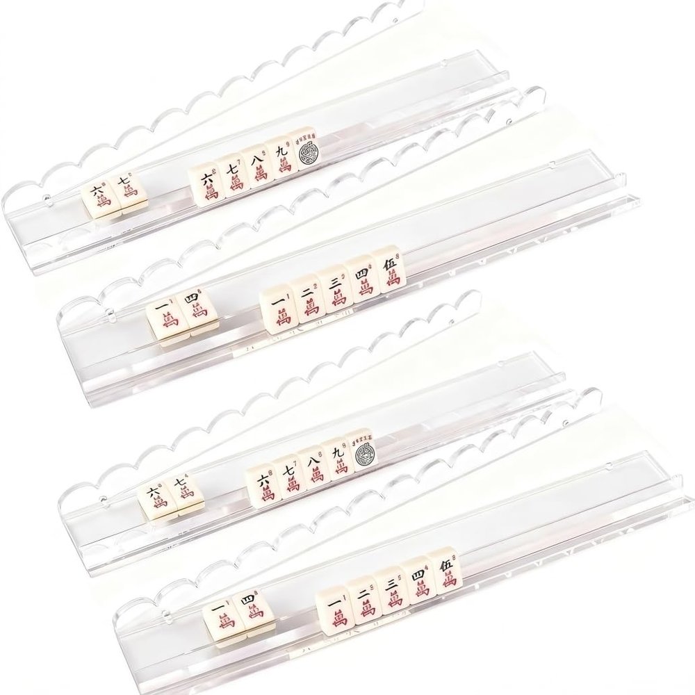 Neptuiby Mahjong Racks with Pushers Set of 4, 4 Pack Mahjong Racks with Pushers, Magnetic Acrylic Holders, Ergonomic Wave Slots, 17.5 Inch Transparent.