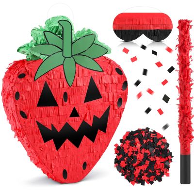 Soulchen Summer Halloween Piata Decoration 16 Inch Spooky Strawberry Piata with Stick Blindfold and Confetti for Summer Halloween Pool Beach Party Decors Photo Game Prop Birthday Supply