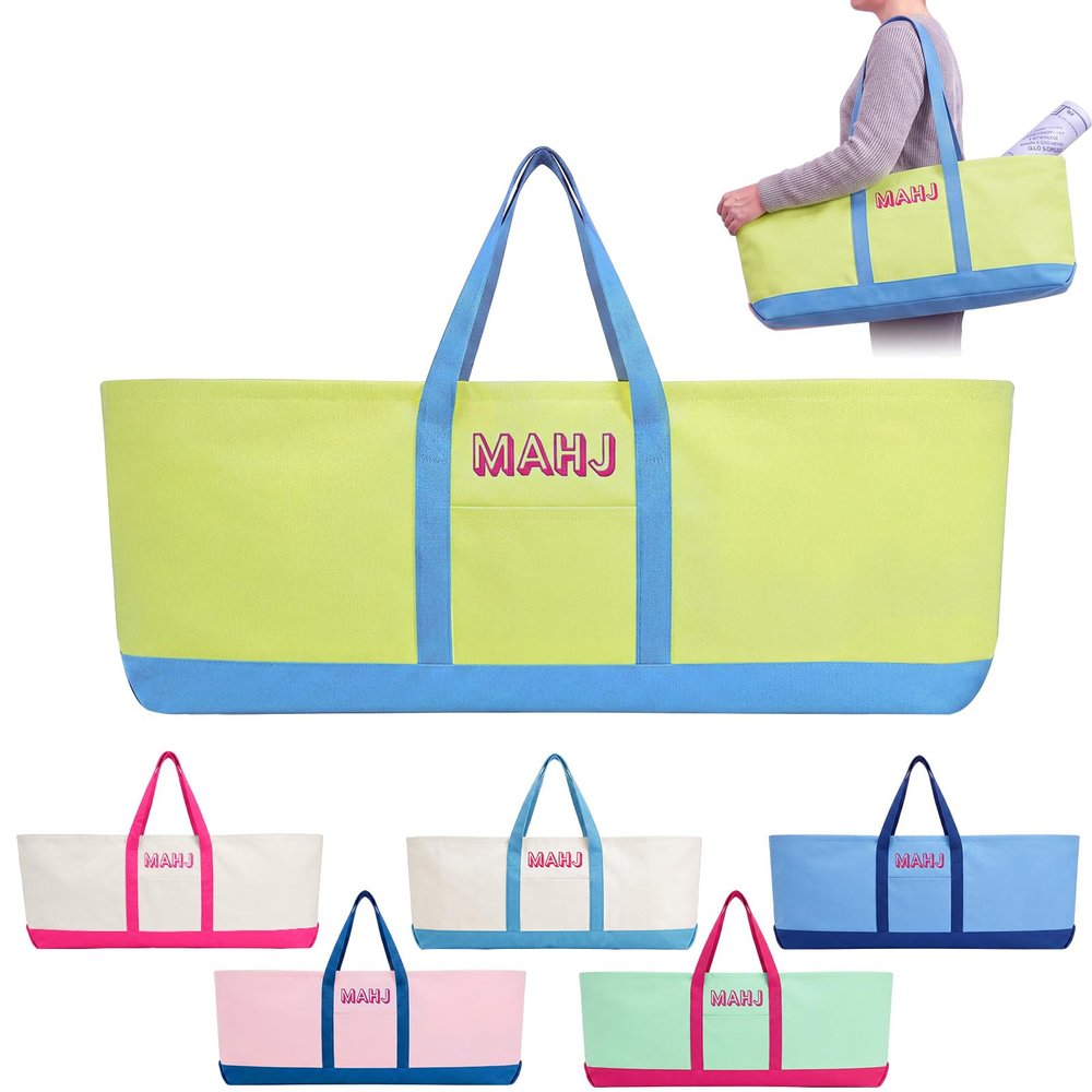 Sunnymove Mahjong Bag for Tiles and Racks Empty American Mahjong Tiles Carrying Tote 31.5 x 12 x 4 Inch Canvas Tile Game Accessory Gift for Pusher Rack Mat Carrying, Case Only(Blue and Lime Green)