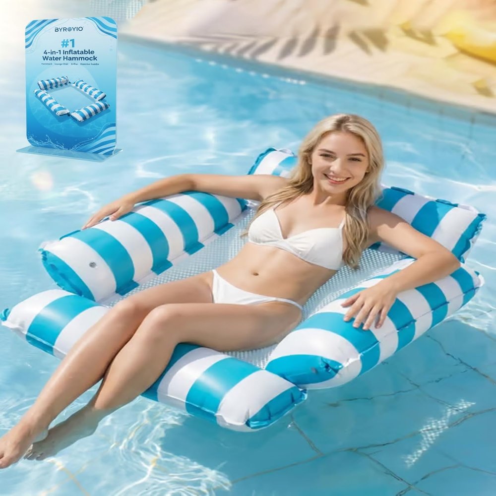 4-in-1 Inflatable Water Hammock Pool Floating Lounge Chair & Swimming Bed with Air Pump, Portable Foldable Water Lounger Chair Raft for Swimming Pool Party Summer Lake Waters Fun(Blue)