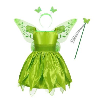 BABWWNIX Kid Girls Fairy Costume Princess Dress Up Set Halloween Cosplay Green Dress Costume with Butterfly Wing (Dress+Butterfly Wings+Fairy Stick+Hairband, 11-12 Years)