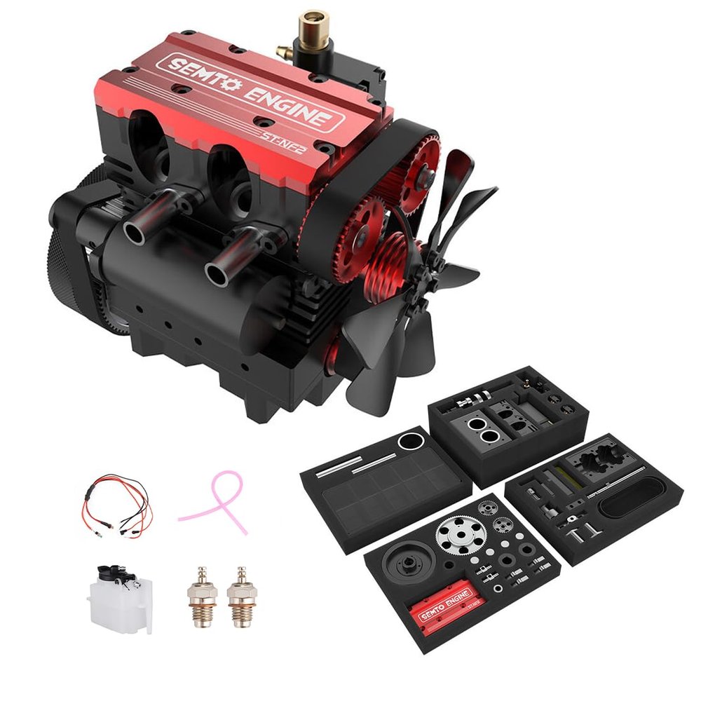 SEMTO/OTTO ST-NF2 Nitro Engine + Starter Ignition Kit, 7.0cc Inline Double-Cylinder 4-Stroke Air-Cooled Engine + F-Type Plug, 75ml Fuel Tank, Silicone Oil Pipe & 3-in-1 Brush Ignition Power Module