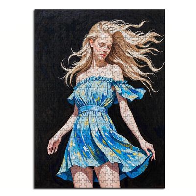 WRJGLS 500 1000 Piece Puzzle for Adults Blonde Woman in Blue Dress, Windswept Hair, Eco-Friendly Recycled Paper Fun & Challenging Family Game Gift for Friends and Family