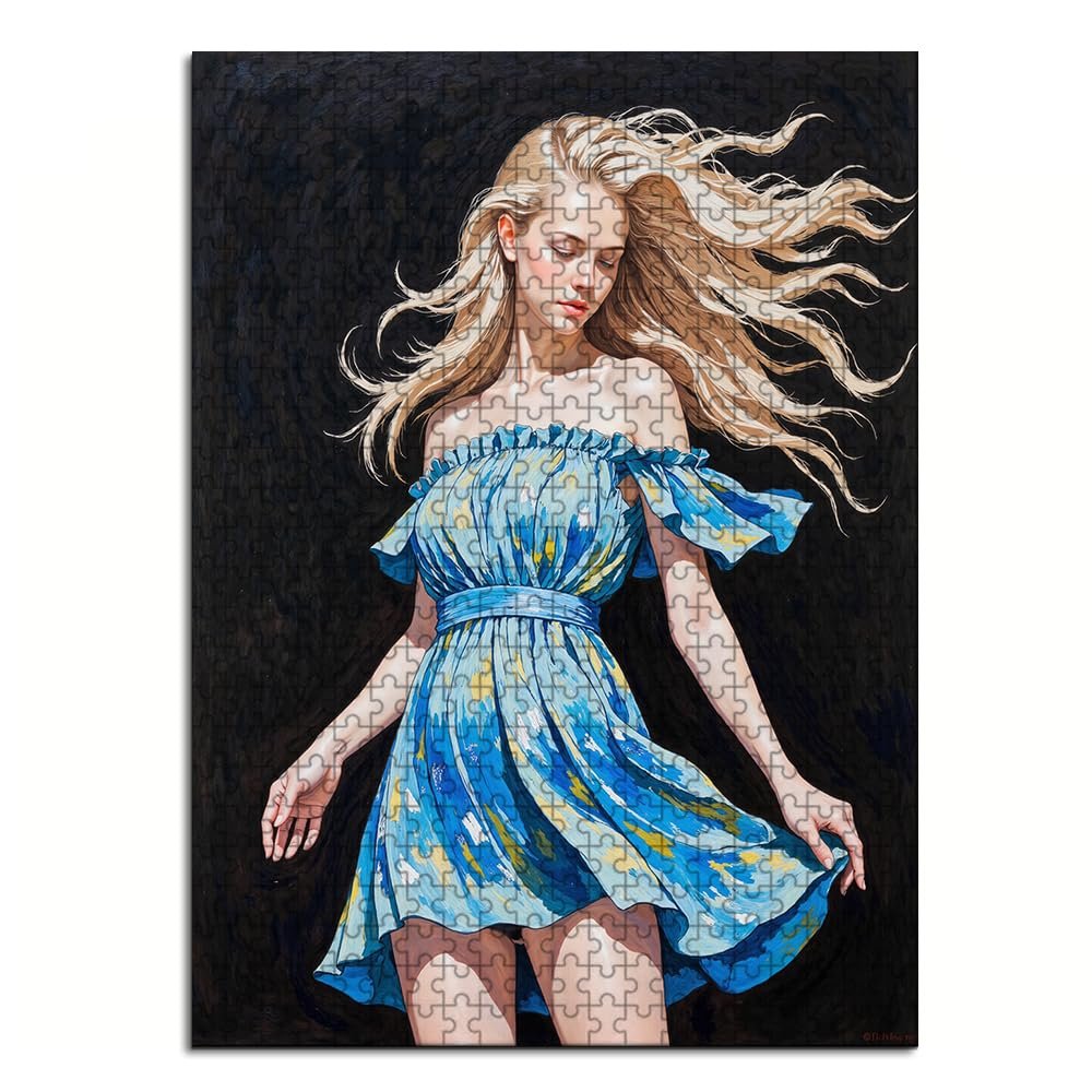 WRJGLS 500 1000 Piece Puzzle for Adults Blonde Woman in Blue Dress, Windswept Hair, Eco-Friendly Recycled Paper Fun & Challenging Family Game Gift for Friends and Family