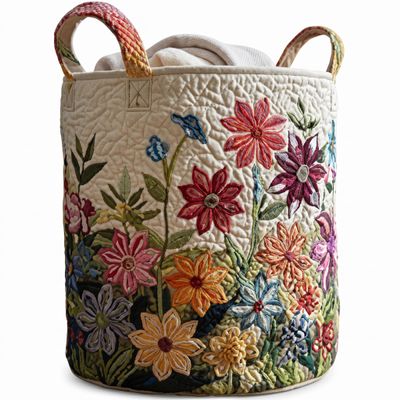 Quilted Laundry Basket - Boho Fabric Hamper with Reinforced Handles, Foldable Soft Clothes Storage Basket for Bedroom, Laundry Room, Nursery, Large 20 x 28 in