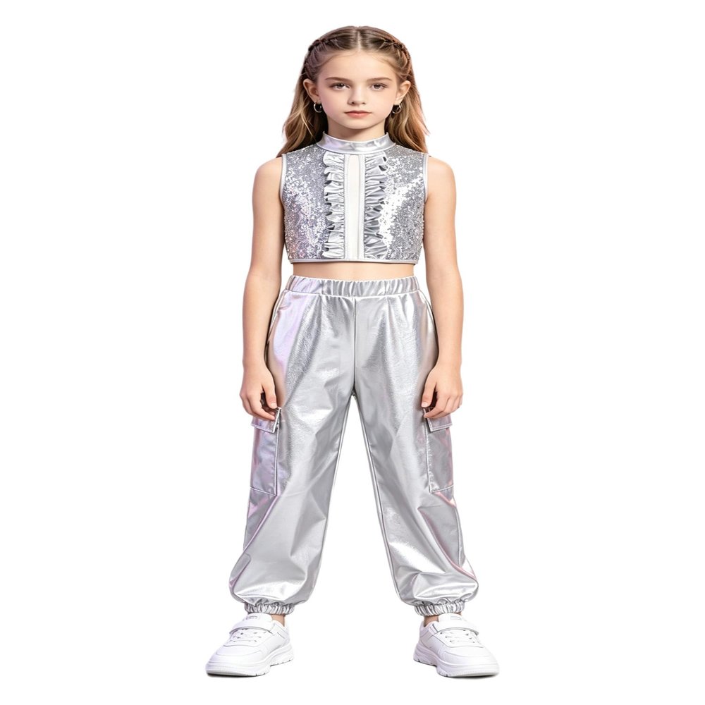 Jugaoge Kids Street Dance Outfit 2 Piece Hip Hop Dancing Sets Streetwear for Carnival Themed Party Silver 14