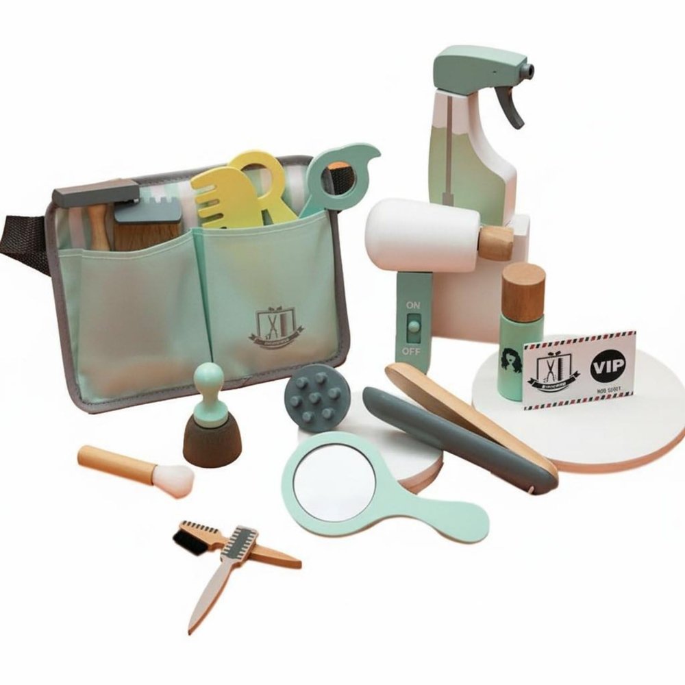 Gralara 18 Pieces Wooden Hairdresser Toy Set Smooth Edges Wooden Makeup Toy Set Water-Based Paint Pretend Salon Playset for Preschoolers, Playroom