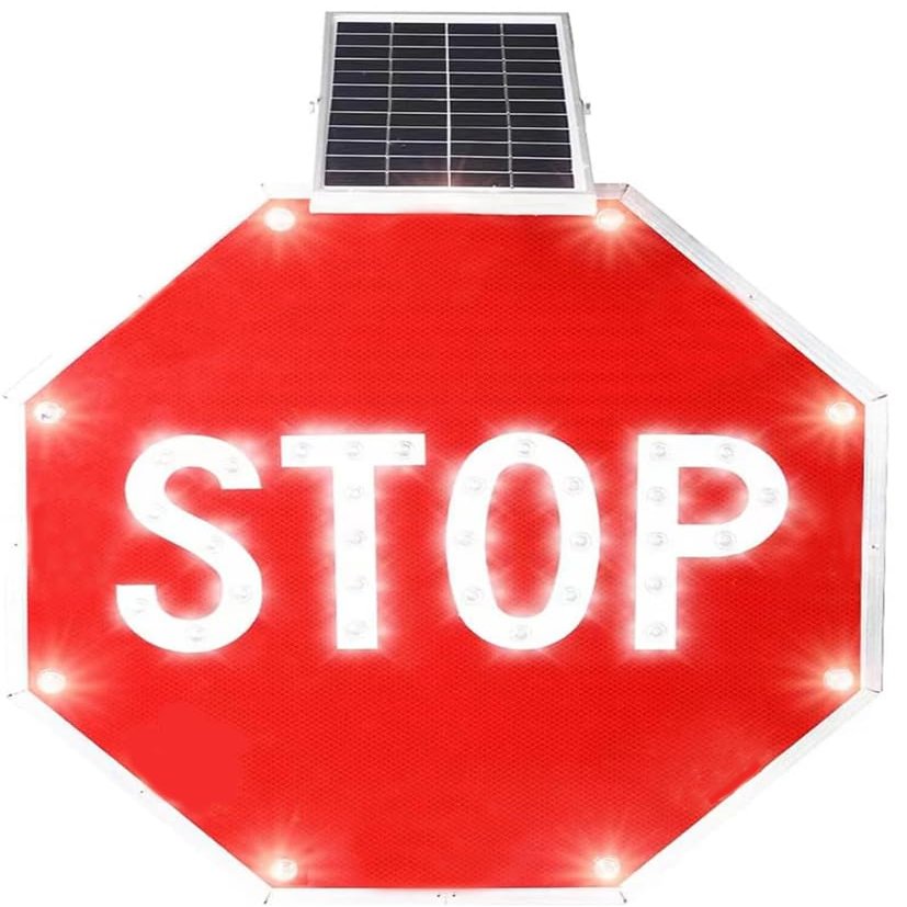 24" Solar LED Stop Sign, LED Flashing Stop Signs Rustproof Illuminated Light Traffic Road Warning Board, Aluminum