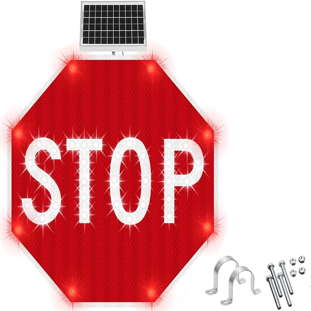 24" Road Safety Octagon Traffic Sign Led Blinking Solar Powered Stop Sign