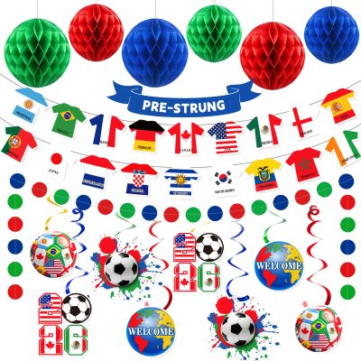 Pre-Strung Soccer Flags Bunting Decorations, 2026 Soccer Party Decorations Include NO- DIY Soccer Jersey Flag Bunting Banner Honeycomb Balls NO- DIY Hanging Swirls Circle Garland for Sports Themed Event Parties Home Restaurant Bar Club Garden Decor