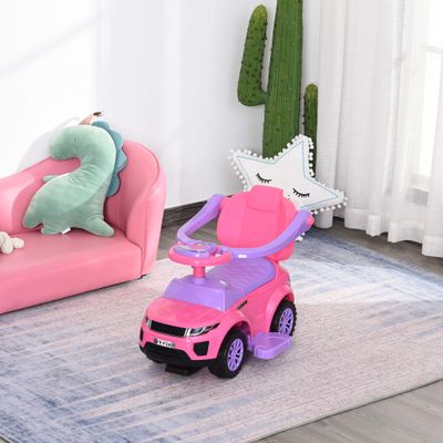 3 in 1 Ride On Push Car Stroller | Sliding Walker with Music Horn and Storage Compartment Protective Guardrail 55lb Capacity (Pink)
